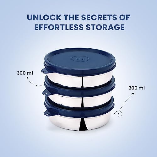 SOPL-OLIVEWARE Magic Storage Container, 100% Leak Proof & BPA Free Lid, Dishwasher Safe, 3 Stainless Steel Containers with 300 ml Each - Blue - Image 3