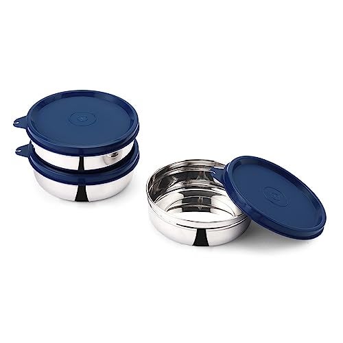 SOPL-OLIVEWARE Magic Storage Container, 100% Leak Proof & BPA Free Lid, Dishwasher Safe, 3 Stainless Steel Containers with 300 ml Each - Blue - Image 1
