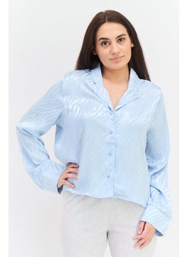 UNDIZ Women Allover Print Long Sleeve Pajama Shirt, Light Blue  - Image 1