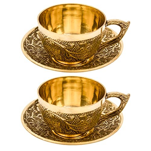 Spillbox Traditional Handcrafted Brass Engraved Coffee Dabra Cup and Saucer | Coffee Cup | Madrasi Filter Coffee Cup Set - Cup and Saucer (2) - Image 1