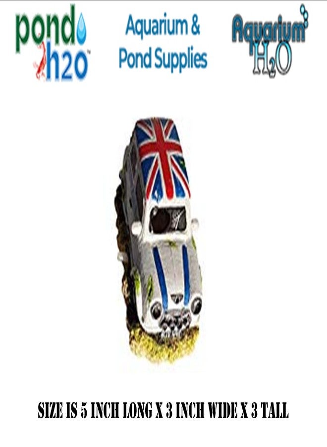 Miniware Mini White Automobile with Union Jack Roof Aquarium Ornament with Bubbler Attachment, 5 Inch Long Car Decor with Air Bubbling, Aerating Fish Tank Decoration (AIr Pump Required, Not Included) - Image 3