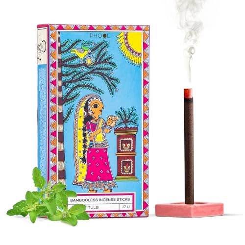 PHOOL LUXURY INCENSE عود فخامة فحم خالي من البامبو | أعواد دهوب تولسي (ريحان مقدس) للصلاة، التأمل والأرتي | عود طبيعي خالي من المواد الكيميائية ودخان | حامل دهوب مجاني - Image 1