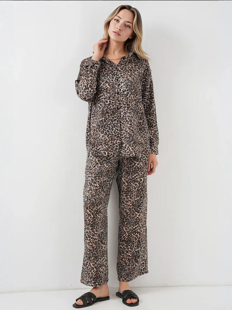 BDART Leopard Print Long Button-Up Shirt and Wide Leg Pants Two-Piece Set