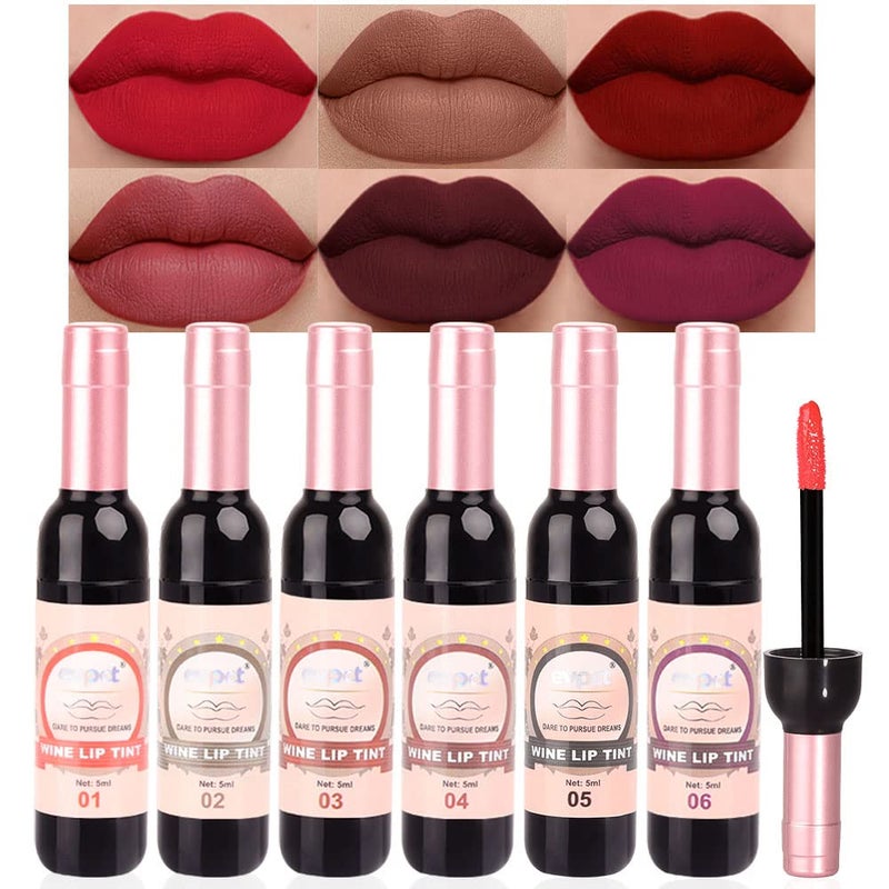 evpct 6Pcs Wine Bottle Lip Tint Stain Set Long Lasting Lipstick 24 hour Waterproof for Women, Ruby Dark Deep Rose Red Plum Purple Brown Matte Lipstick 24 Hours Lipsticks Lip Liner Stain Peel off - Image 1