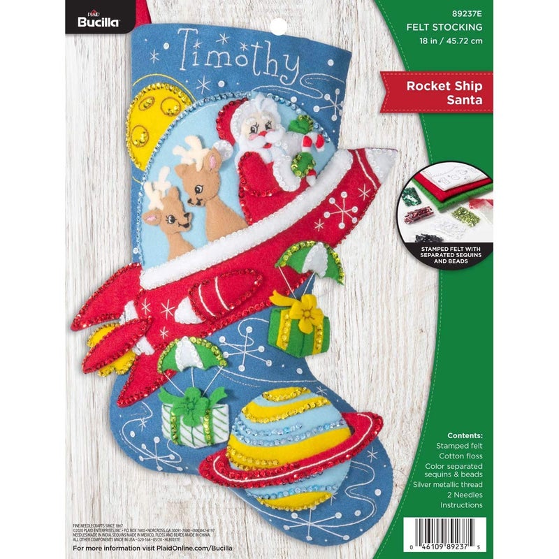 Bucilla Bucilla 89237E Felt Applique Christmas Stocking Kit Rocket Ship Santa 18 