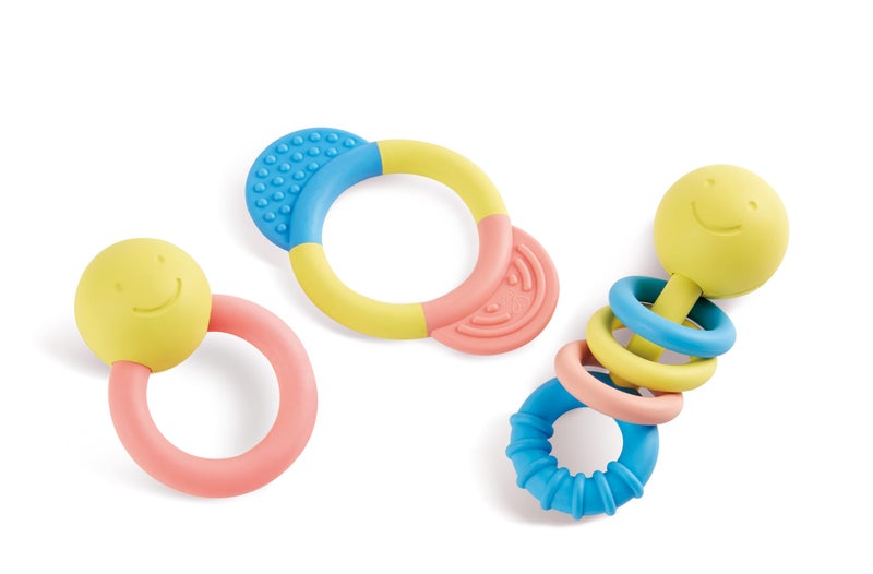 Hape Rattle & Teether Collection | 3-Piece Rattle & Teething Set for Babies, Soft Colors - Image 1