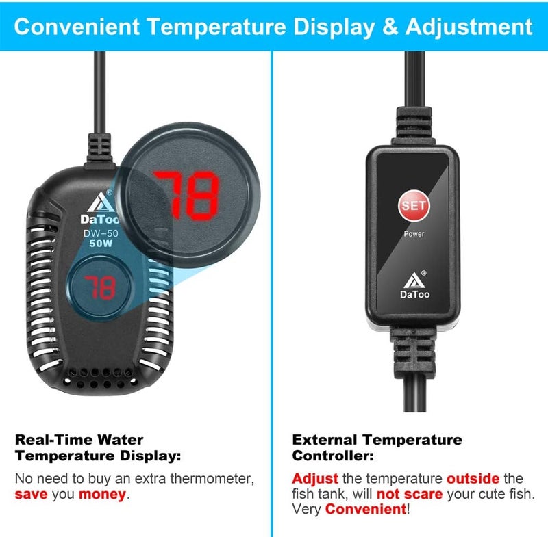 DATOO Small Aquarium Heater 50W Mini Fish Tank Heater 50 Watt Submersible with LED Temperature Display - Image 5