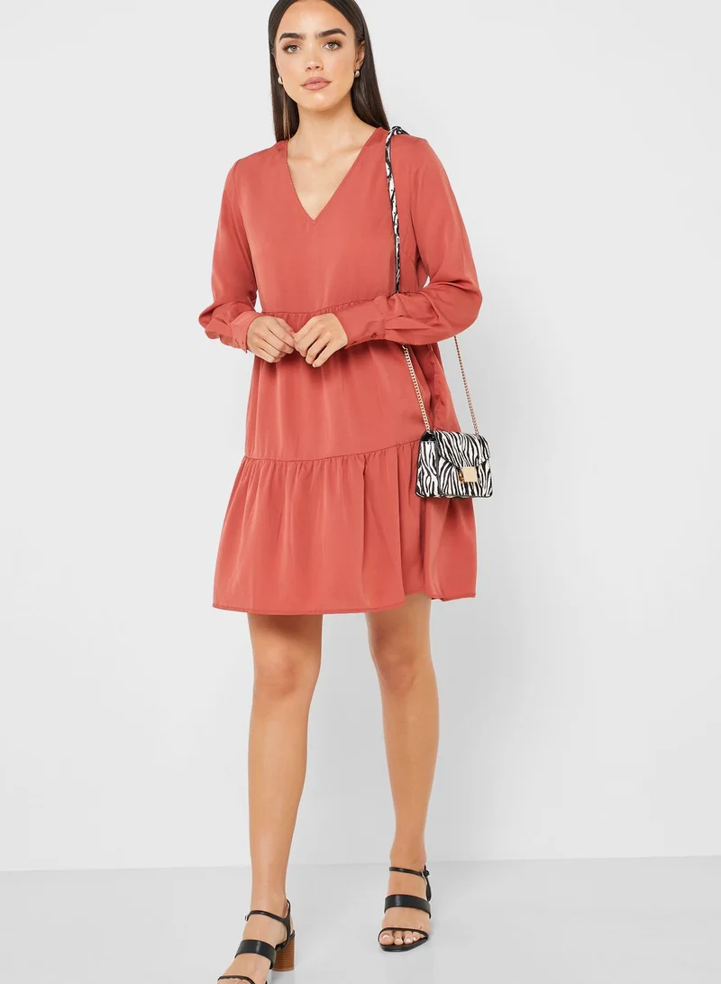 PIECES Ruffle Hem V-Neck Dress