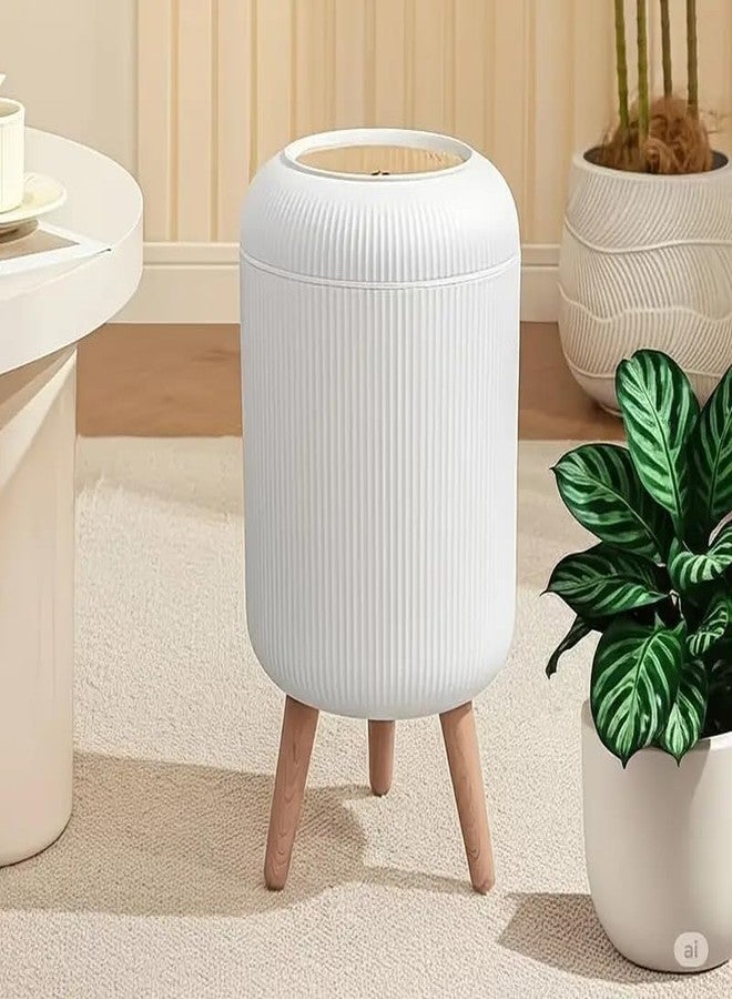 AKX Modern Floor Standing Plastic Dustbin with Press Lid | Ribbed Designer Garbage Bin with Wood Finish Look for Home, Office, Hotels & Reception | Includes Garbage Bag Roll (30 Pcs) – White - Image 1