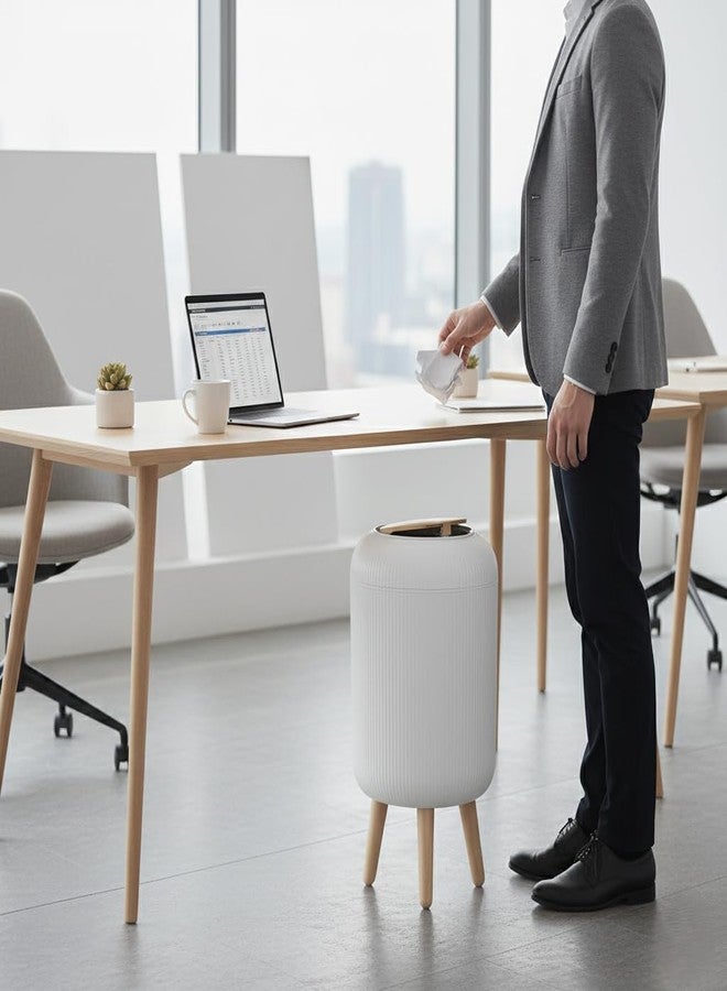 AKX Modern Floor Standing Plastic Dustbin with Press Lid | Ribbed Designer Garbage Bin with Wood Finish Look for Home, Office, Hotels & Reception | Includes Garbage Bag Roll (30 Pcs) – White - Image 3