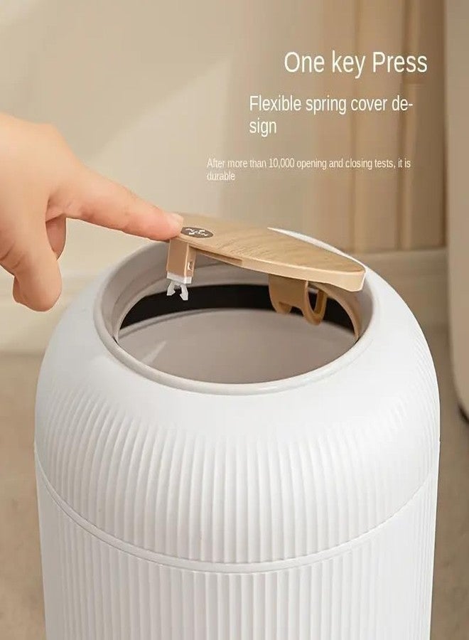 AKX Modern Floor Standing Plastic Dustbin with Press Lid | Ribbed Designer Garbage Bin with Wood Finish Look for Home, Office, Hotels & Reception | Includes Garbage Bag Roll (30 Pcs) – White - Image 5