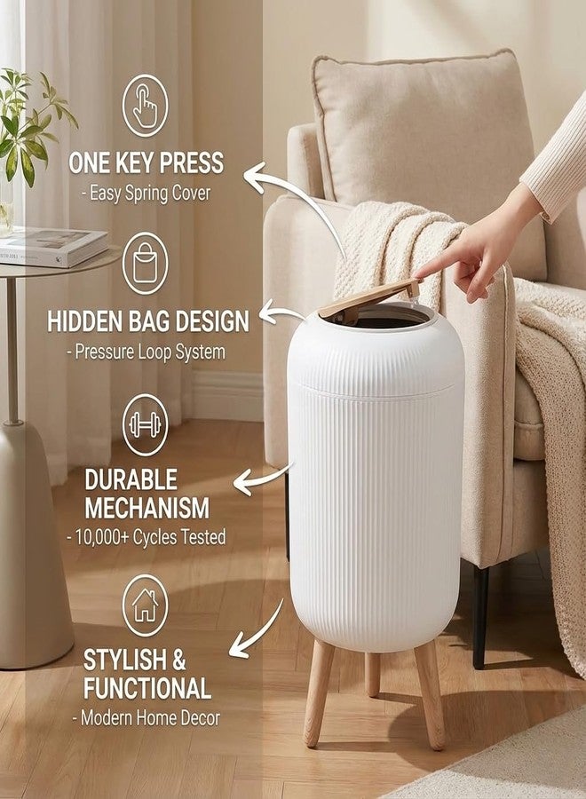 AKX Modern Floor Standing Plastic Dustbin with Press Lid | Ribbed Designer Garbage Bin with Wood Finish Look for Home, Office, Hotels & Reception | Includes Garbage Bag Roll (30 Pcs) – White - Image 2