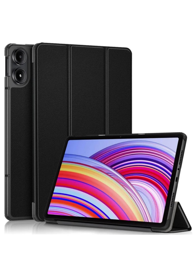 لغطاء شاشة Xiaomi Redmi Pad Pro 12.1 موديل 2024 - غطاء ثلاثي الطي مع حامل قائم، وظيفة الإيقاف والتشغيل التلقائي، غطاء واقي من مادة TPU مع حامل قابل للتعديل، متوافق مع المنافذ والأزرار - أسود - Image 1