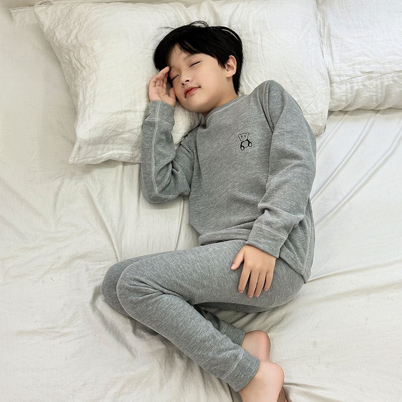 2024 color matching brushed velvet childrens autumn clothes long pants thermal underwear suit autumn and winter home clothes boys pajamas Haze gray (wool mulberry silk velvet) 