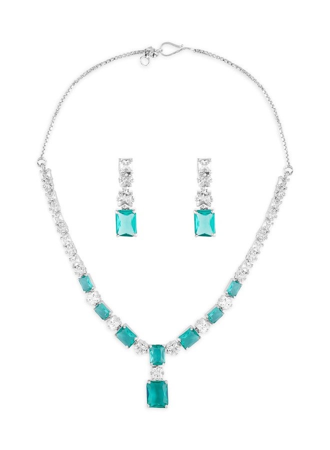 Ami Green Dazzling Cubic Zirconia Embellished Brass Necklace and Earring Set For Women-ZPFK20557 - Image 1