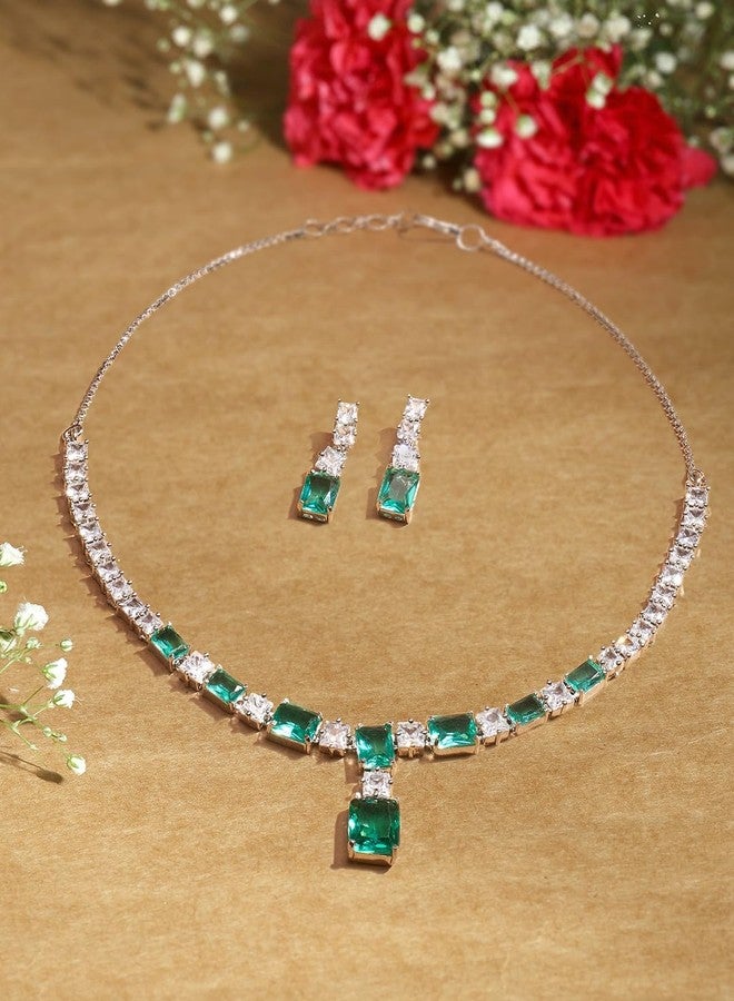 Ami Green Dazzling Cubic Zirconia Embellished Brass Necklace and Earring Set For Women-ZPFK20557 - Image 3