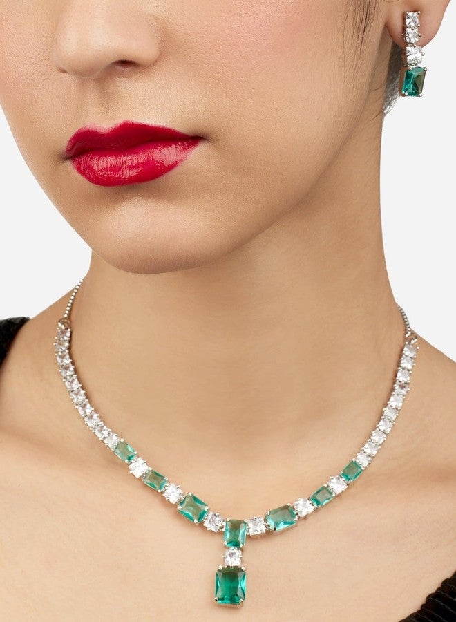 Ami Green Dazzling Cubic Zirconia Embellished Brass Necklace and Earring Set For Women-ZPFK20557 - Image 2