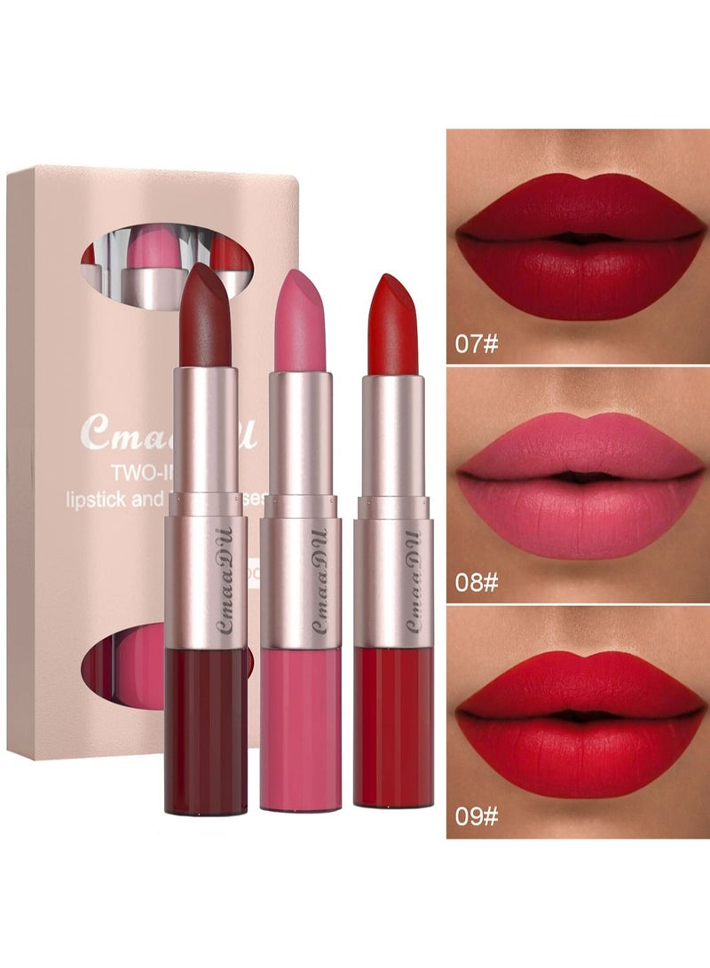 CmaaDu 3 Pcs 2 in 1 Lipstick and Lip Gloss Set Matte Velvet Double Headed Waterproof Non Stick Cup Long Lasting High Pigment Lip Makeup for Women - Image 1