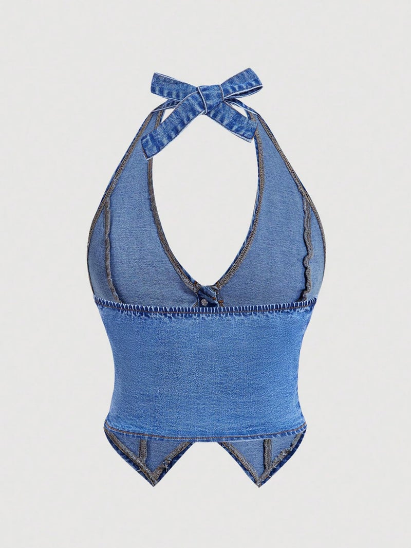 Floerns Women's Halter Denim Tank Top Button Down Backless Party Cropped Jean Tops Medium Wash Medium - Image 2