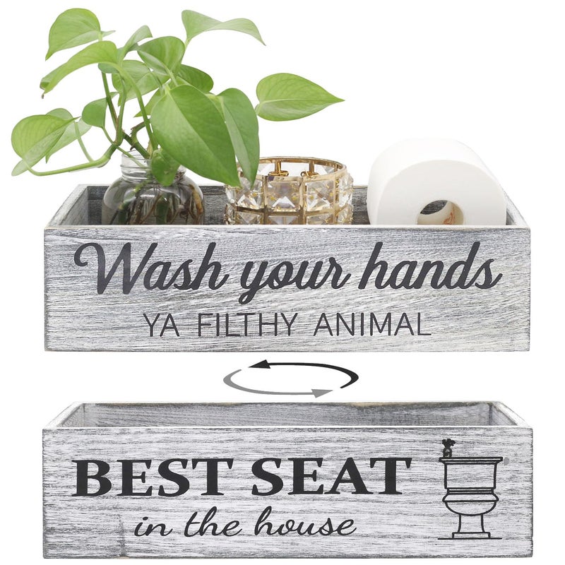 CuffUp Rustic Farmhouse Bathroom Decor Box, Toilet Paper Basket with 2 Sides Signs, Gray-wash Your Hands - Image 1