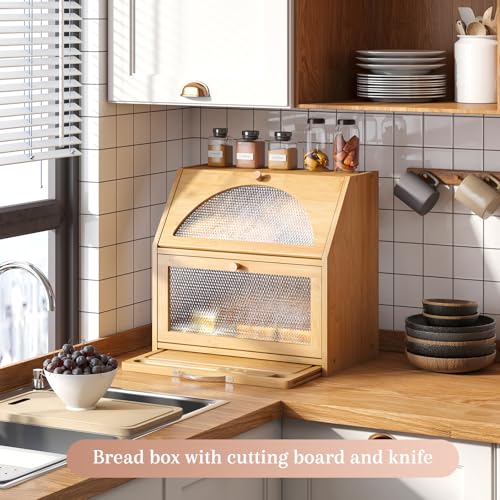 STDDRE Bamboo Bread Box with Cutting Board, Double Layer Extra Large Bread Storage Bin with Door Panel for Kitchen Counter (Natural) - Image 3