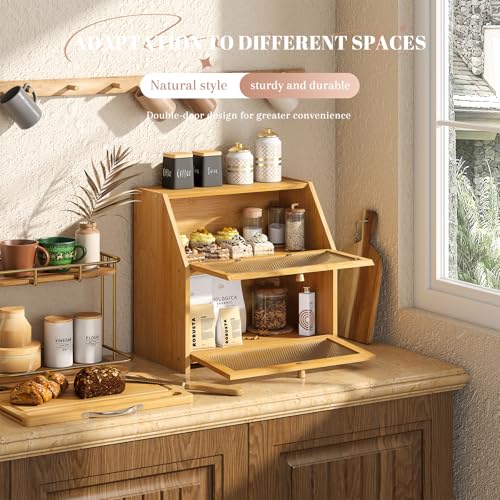 STDDRE Bamboo Bread Box with Cutting Board, Double Layer Extra Large Bread Storage Bin with Door Panel for Kitchen Counter (Natural) - Image 2