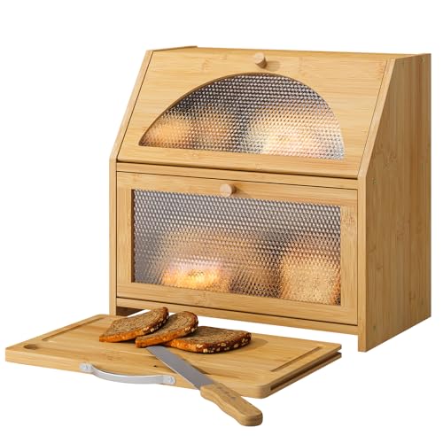 STDDRE Bamboo Bread Box with Cutting Board, Double Layer Extra Large Bread Storage Bin with Door Panel for Kitchen Counter (Natural) - Image 1
