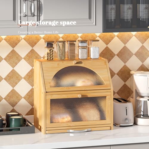 STDDRE Bamboo Bread Box with Cutting Board, Double Layer Extra Large Bread Storage Bin with Door Panel for Kitchen Counter (Natural) - Image 5