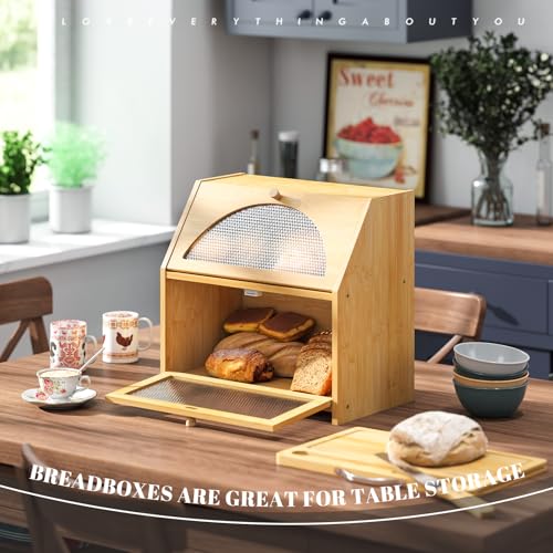 STDDRE Bamboo Bread Box with Cutting Board, Double Layer Extra Large Bread Storage Bin with Door Panel for Kitchen Counter (Natural) - Image 4