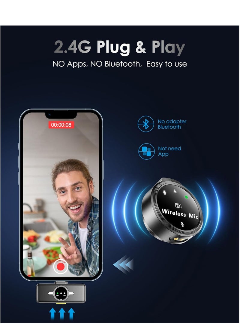 Wireless Lavalier Microphone for iPhone/Android, Lapel Mics with USB-C Plug-Play, Mini Mic with 2.4GHz Noise Cancellation, Charging Case Included, 300ft Range for Stream, Vlog, TikTok and YouTube