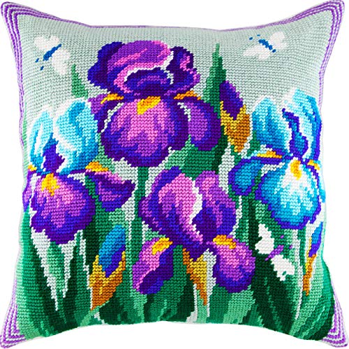 Brvsk طقم تطريز زهور للبالغين والمبتدئين - زهور السوسن الزرقاء 16″ × 16″ بتصميم مطبوع واضح ودقيق على قماش قطن؛ يتضمن 2 إبرة، خيوط، ورسم بياني سهل القراءة - Image 1