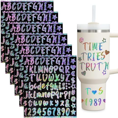 AIERSA Vinyl Letter Stickers for Stanley Cups Waterproof Alphabet Name Sticker Glitter to Persoanlize Your cups Selfadhesive Lettering Water Bottle Stickers Holographic 6 Sheets - Image 1