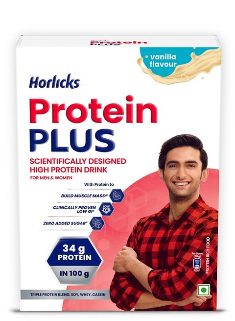 Protein Plus Vanilla High Protein Drink for Adults 400 g Jar Whey Soy & Casein Powder Blend For Muscle Mass & Strength Veg