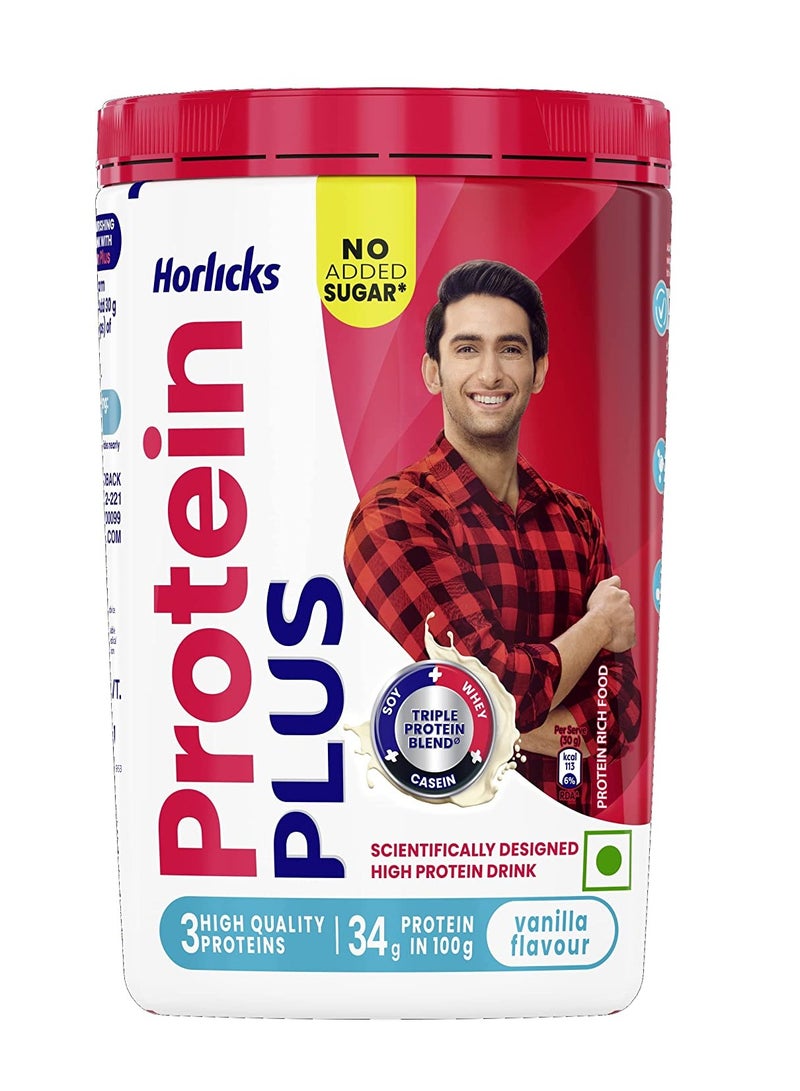 Protein Plus Vanilla High Protein Drink for Adults 400 g Jar Whey Soy & Casein Powder Blend For Muscle Mass & Strength Veg