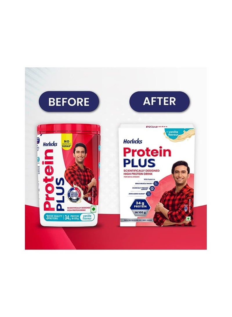 Protein Plus Vanilla High Protein Drink for Adults 400 g Jar Whey Soy & Casein Powder Blend For Muscle Mass & Strength Veg
