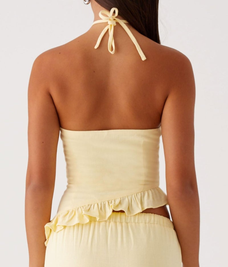 Passec Open Back Halter Tops for Women Bow Tie Back Ruched Ruffle Crop Tops Smocked Y2K Going Out Camisoles (Asymmetrical Yellow, S) - Image 3