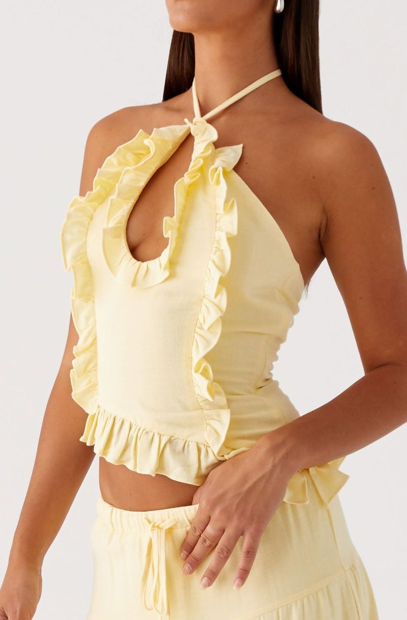 Passec Open Back Halter Tops for Women Bow Tie Back Ruched Ruffle Crop Tops Smocked Y2K Going Out Camisoles (Asymmetrical Yellow, S) - Image 4
