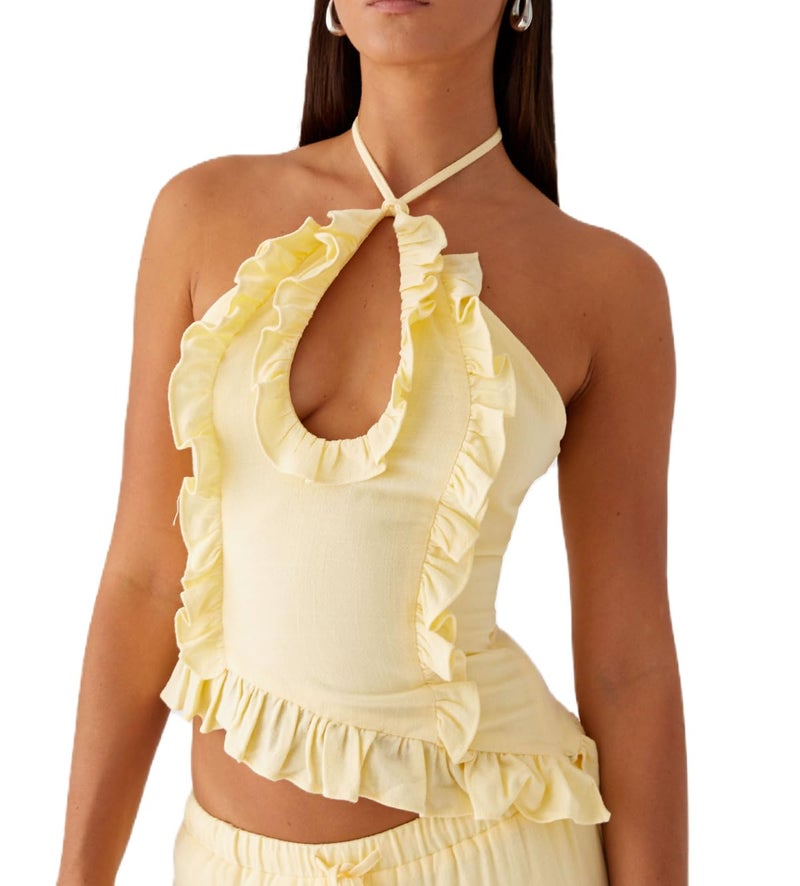 Passec Open Back Halter Tops for Women Bow Tie Back Ruched Ruffle Crop Tops Smocked Y2K Going Out Camisoles (Asymmetrical Yellow, S) - Image 1