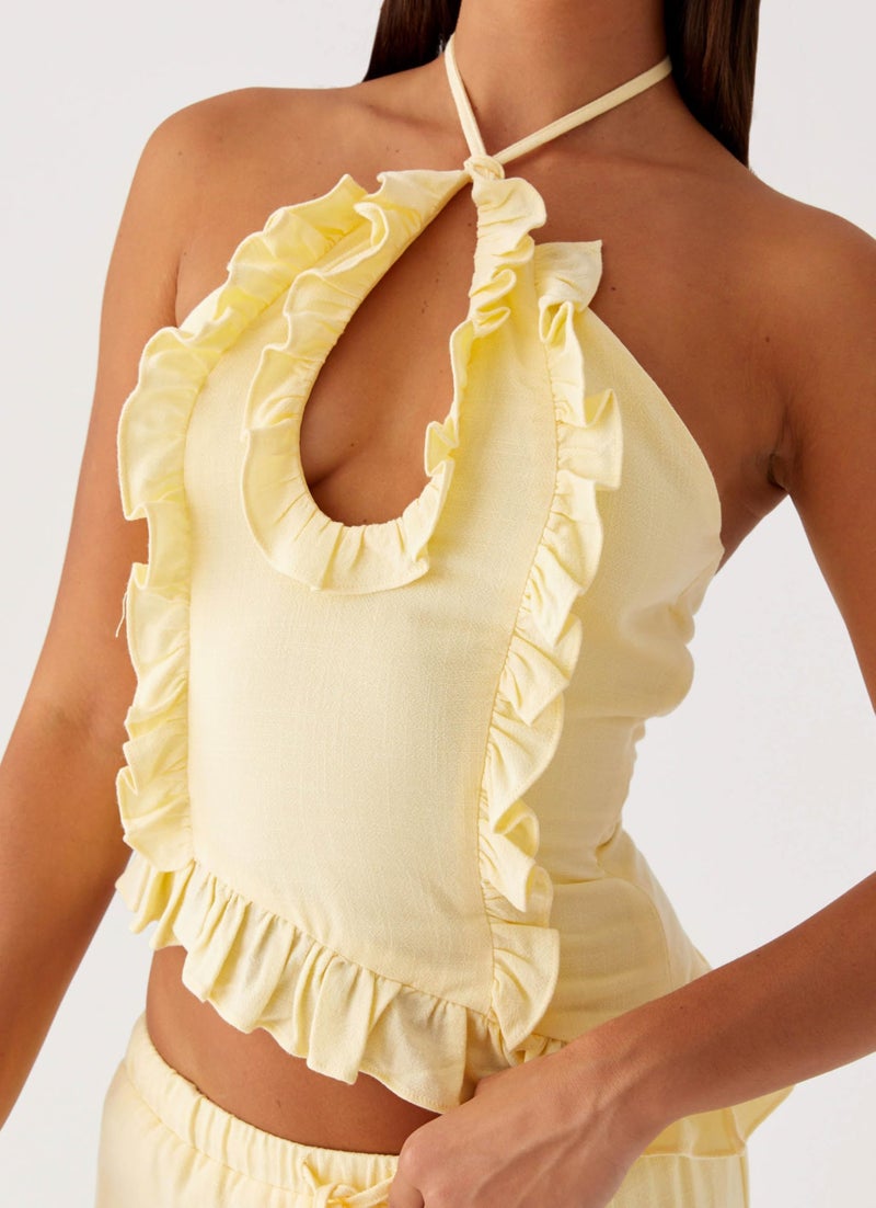 Passec Open Back Halter Tops for Women Bow Tie Back Ruched Ruffle Crop Tops Smocked Y2K Going Out Camisoles (Asymmetrical Yellow, S) - Image 2