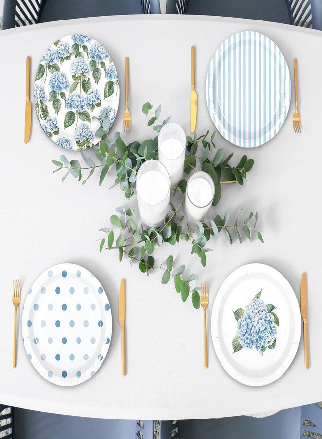 FYSUIMU 40 Pcs Hydrangea Paper Plate Blue White Dot Stripe Floral Disposable Salad Dessert Plate Flower Tableware for Spring Summer Party Wedding Supplies Table Decor, 7 In - Image 5