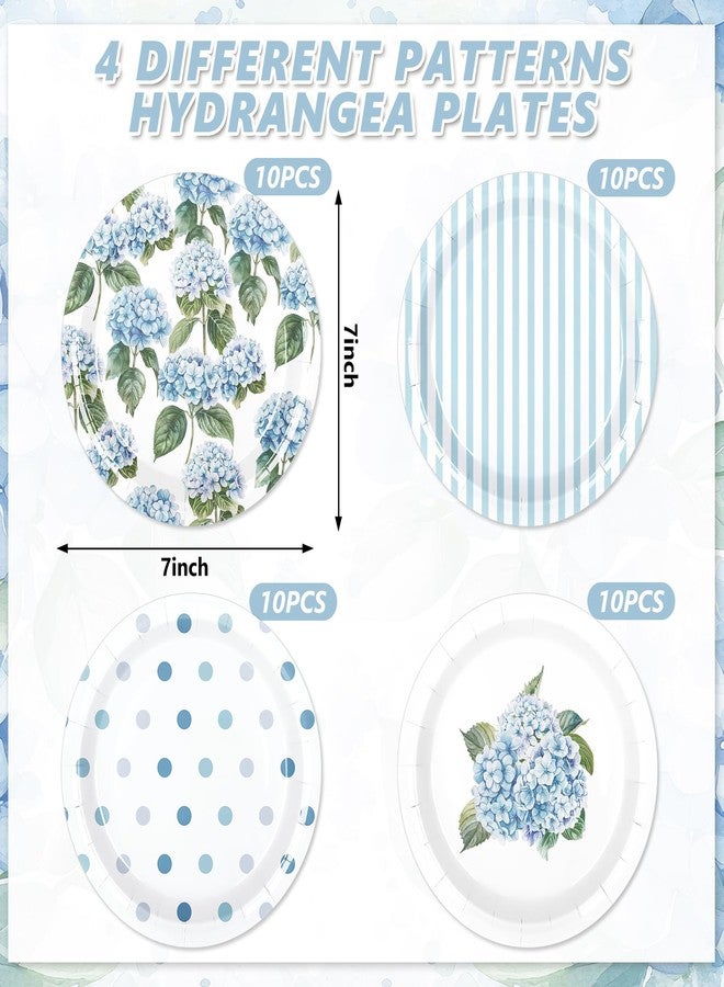 FYSUIMU 40 Pcs Hydrangea Paper Plate Blue White Dot Stripe Floral Disposable Salad Dessert Plate Flower Tableware for Spring Summer Party Wedding Supplies Table Decor, 7 In - Image 2