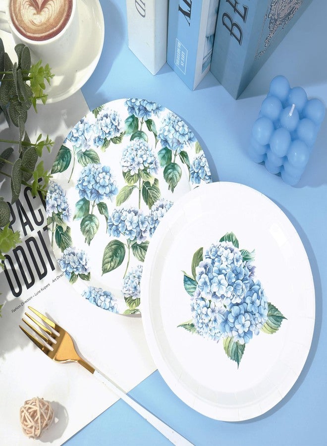 FYSUIMU 40 Pcs Hydrangea Paper Plate Blue White Dot Stripe Floral Disposable Salad Dessert Plate Flower Tableware for Spring Summer Party Wedding Supplies Table Decor, 7 In - Image 4