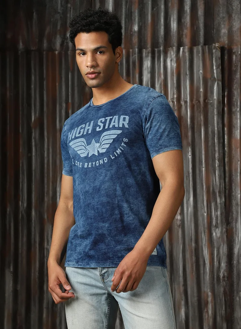 هاي ستار Men's Light Blue Single Jersey Printed Regular Fit T-Shirt