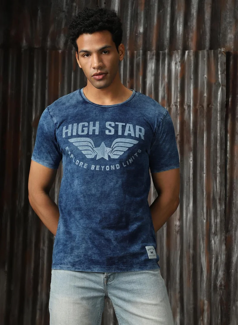 هاي ستار Men's Light Blue Single Jersey Printed Regular Fit T-Shirt