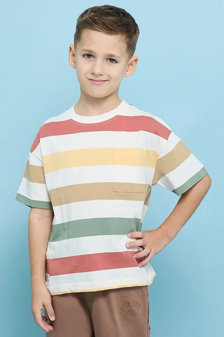 أر أند بي Striped T-Shirt with Crew Neck and Short Sleeves