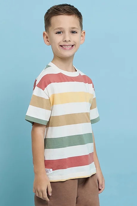 أر أند بي Striped T-Shirt with Crew Neck and Short Sleeves