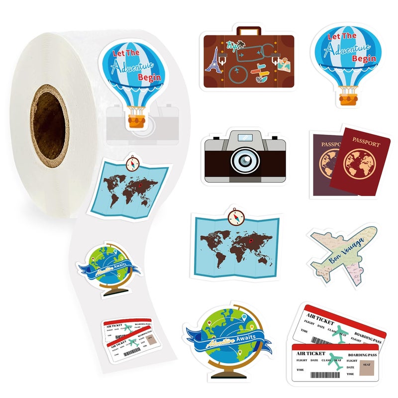 TQQBUU 1000pcs Travel Stickers in 1 Roll for Travel Scrapbook Supplies, Passport Stickers Perfect for Party Decoration and Stickers for Luggage - 1.4x1.4 Inch - Image 1