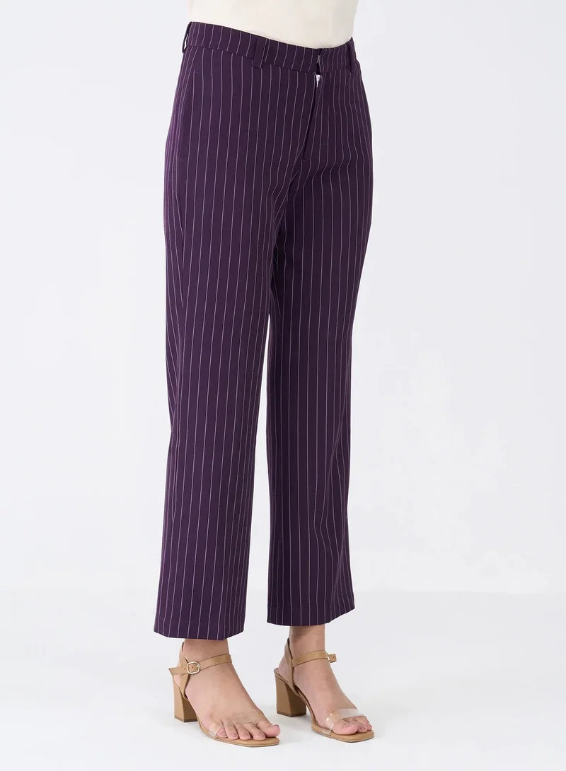 Salt Attire Women's Mid-Rise Striped Pattern Pants with Fly Front Zip Closure and Side Inseam Pockets Stylish Straight Leg Trousers for Effortless Office and Casual Wear