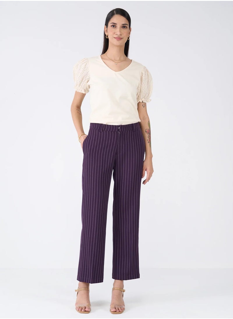 Salt Attire Women's Mid-Rise Striped Pattern Pants with Fly Front Zip Closure and Side Inseam Pockets Stylish Straight Leg Trousers for Effortless Office and Casual Wear  - Image 2