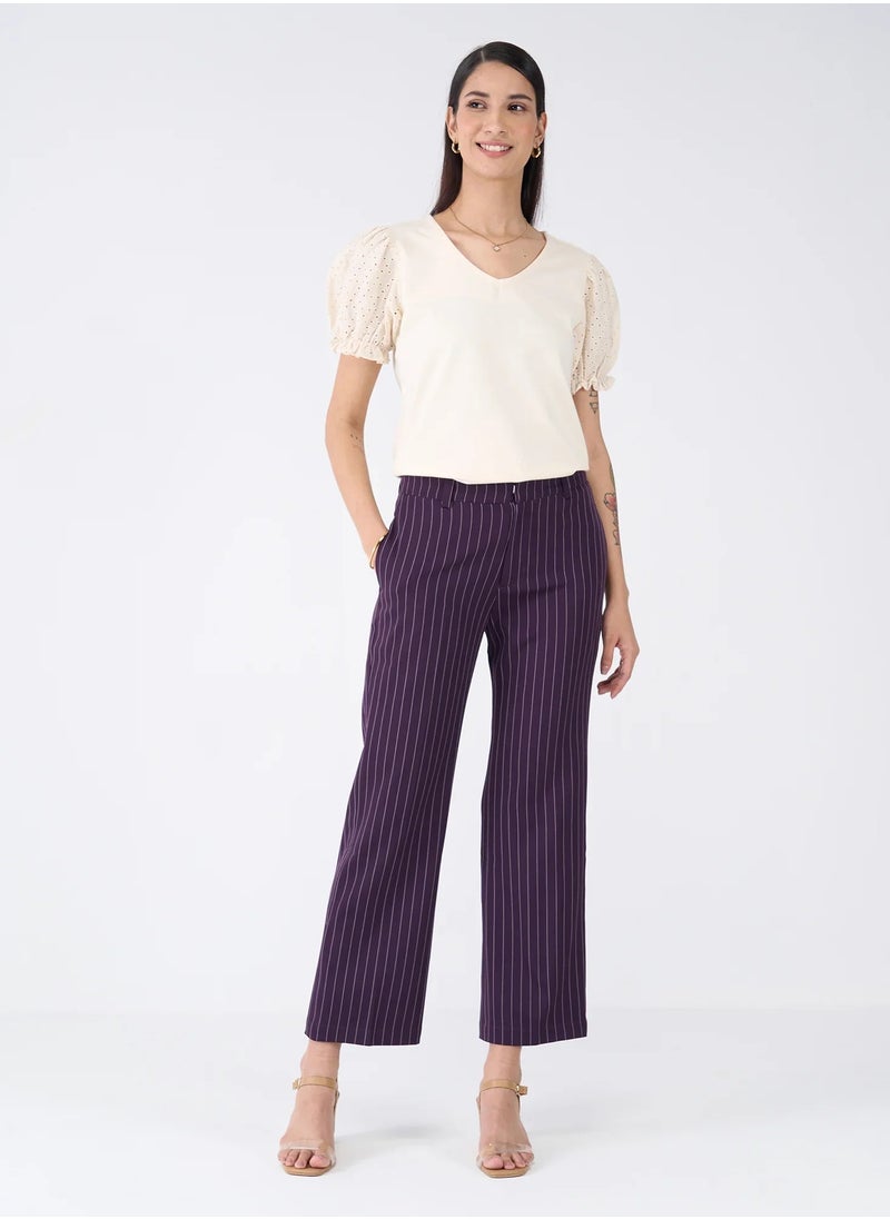 Salt Attire Women's Mid-Rise Striped Pattern Pants with Fly Front Zip Closure and Side Inseam Pockets Stylish Straight Leg Trousers for Effortless Office and Casual Wear  - Image 4